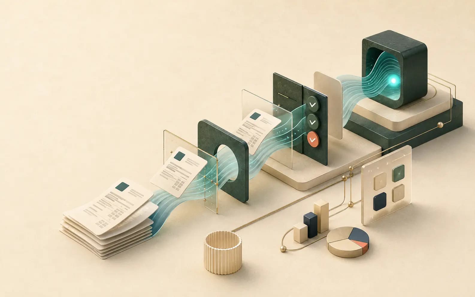 Illustration of business documents moving through a controlled automated workflow